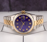 Rolex Datejust 36mm 18k YG 2-Tone Fluted Royal Blue Diamond Dial Watch 16013